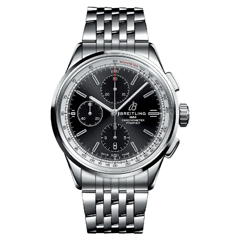 hybrid watches with fitness tracking and digital notifications for men-Breitling Premier Chronograph 42 Silver Black Dial Men 42mm