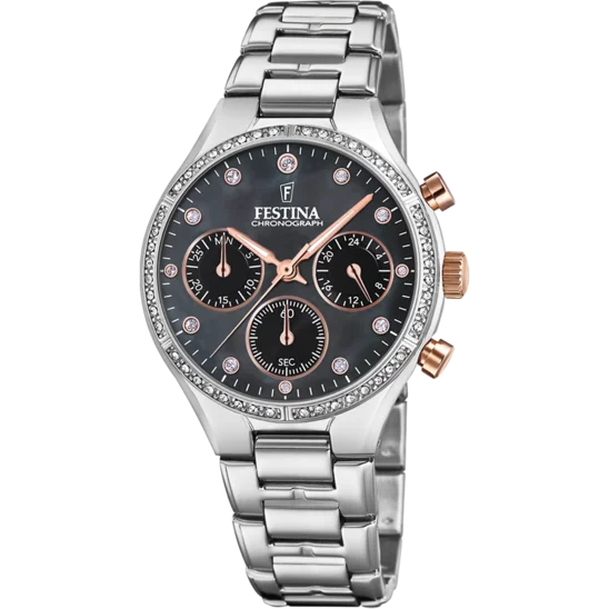 luxury watches with automatic movement and polished rose gold accents-Festina Boyfriend Stainless Steel Chronograph Ladies Watch I Model F20401/4 Quartz Movement