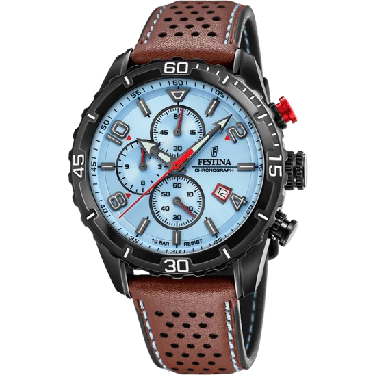 luxury watches with quartz movement and polished case-Festina Chrono Sport Leather Chronograph Mens Watch I Model F20519/1 Quartz Movement