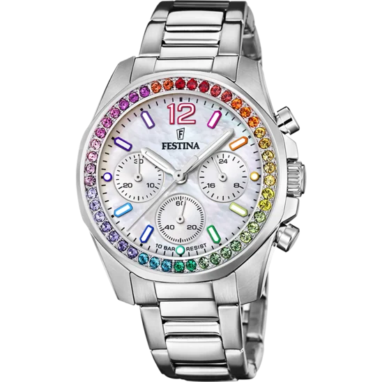 waterproof sport watches with step counter and GPS tracking-Festina Rainbow Stainless Steel Chronograph Ladies Watch I Model F20606/2 Quartz Movement