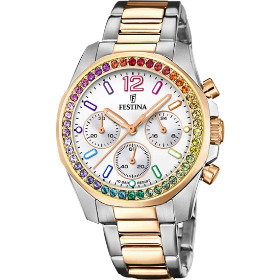 fitness watches with body composition analysis and heart rate monitor-Festina Rainbow Stainless Steel Chronograph Ladies Watch I Model F20608/2 Quartz Movement