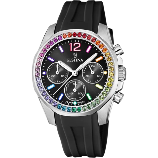 luxury sport watches with stainless steel case and leather strap-Festina Rainbow Rubber Chronograph Ladies Watch I Model F20610/3 Quartz Movement