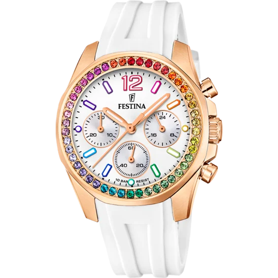 hybrid smartwatches with heart rate tracking and workout modes-Festina Rainbow Rubber Chronograph Ladies Watch I Model F20611/2 Quartz Movement