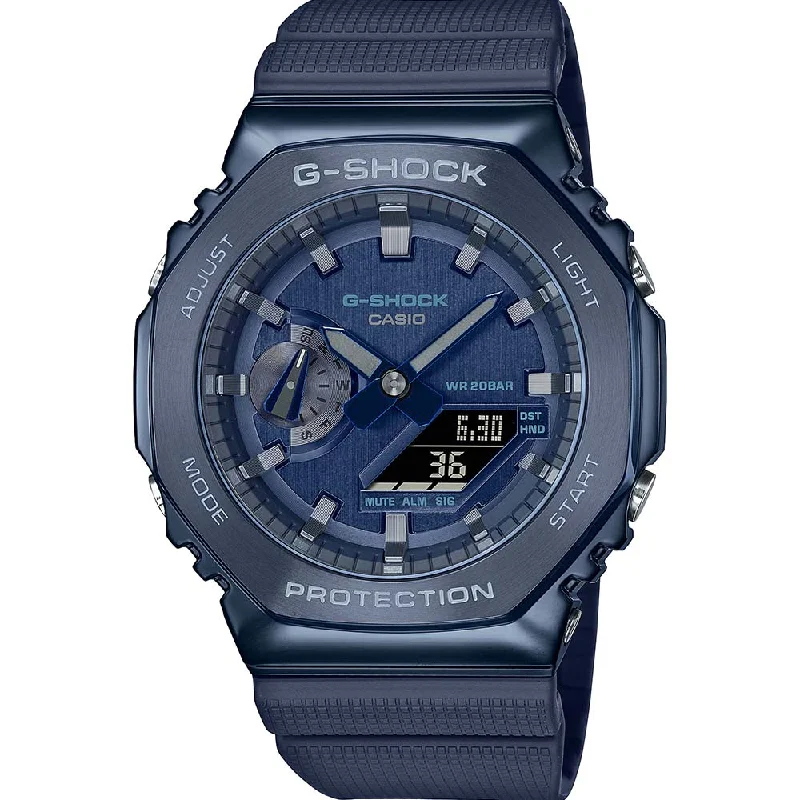 fitness trackers with water resistance and heart rate sensor for outdoor use-G-Shock GM2100N-2A Blue Metal Covered 'CasiOak'